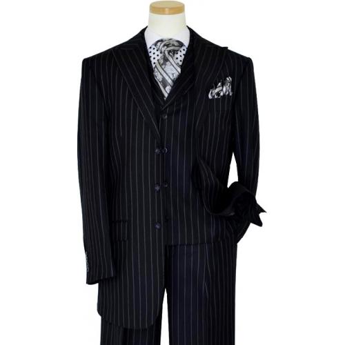 Luciano Carreli Collection Midnight Navy Blue With White Chalk Stripes With Midnight Navy Blue Hand-Pick Stitching Super 150'S Vested Suit 6289-0062